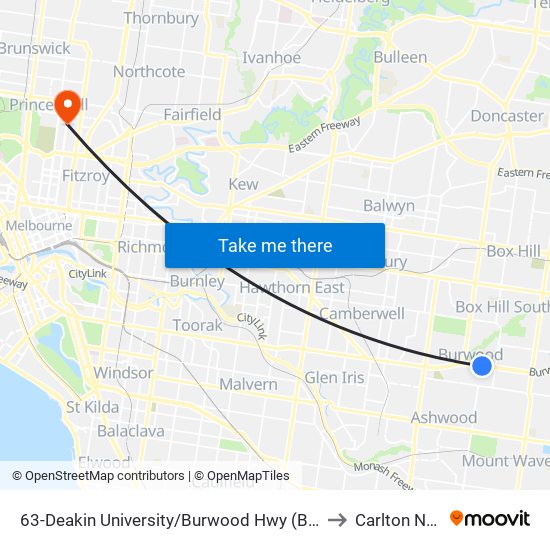 63-Deakin University/Burwood Hwy (Burwood) to Carlton North map