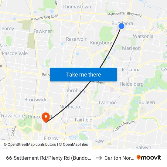 66-Settlement Rd/Plenty Rd (Bundoora) to Carlton North map