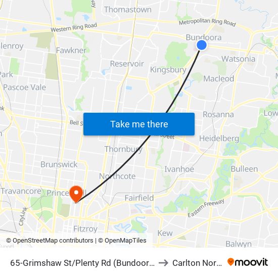 65-Grimshaw St/Plenty Rd (Bundoora) to Carlton North map