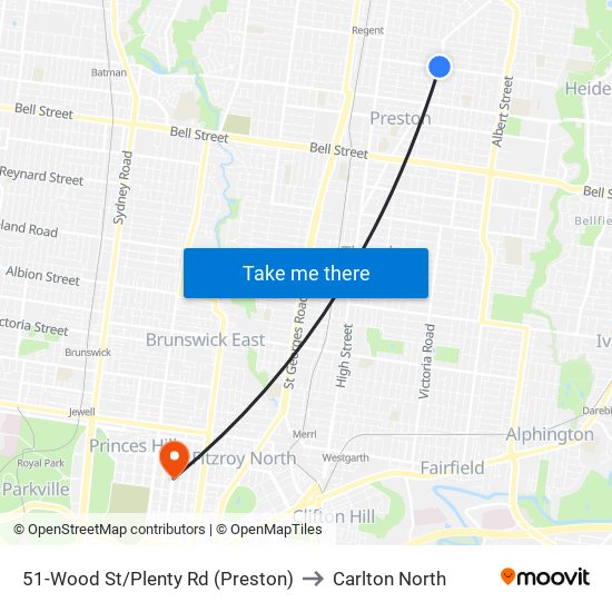 51-Wood St/Plenty Rd (Preston) to Carlton North map