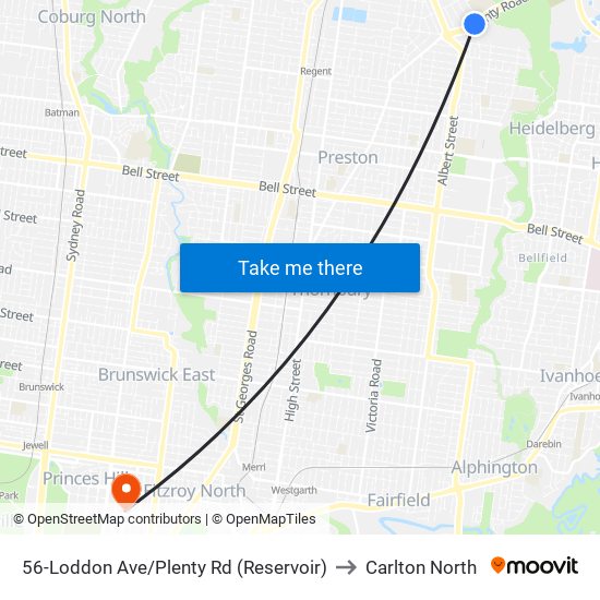 56-Loddon Ave/Plenty Rd (Reservoir) to Carlton North map