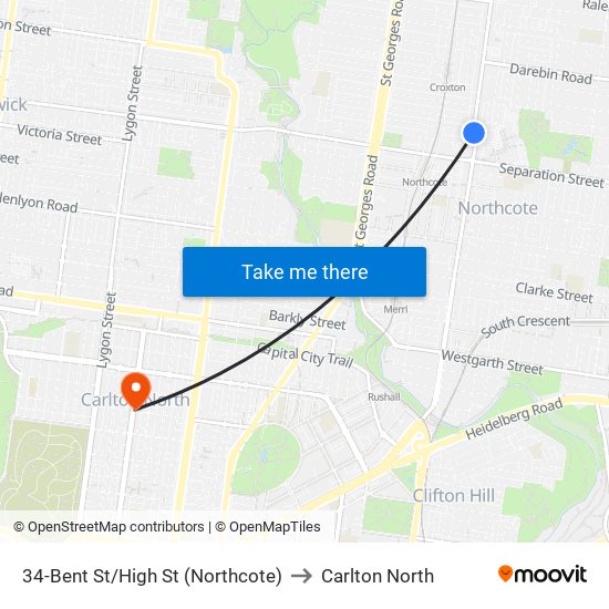 34-Bent St/High St (Northcote) to Carlton North map