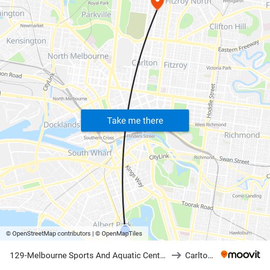 129-Melbourne Sports And Aquatic Centre/Light Rail (Middle Park) to Carlton North map