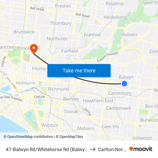 47-Balwyn Rd/Whitehorse Rd (Balwyn) to Carlton North map