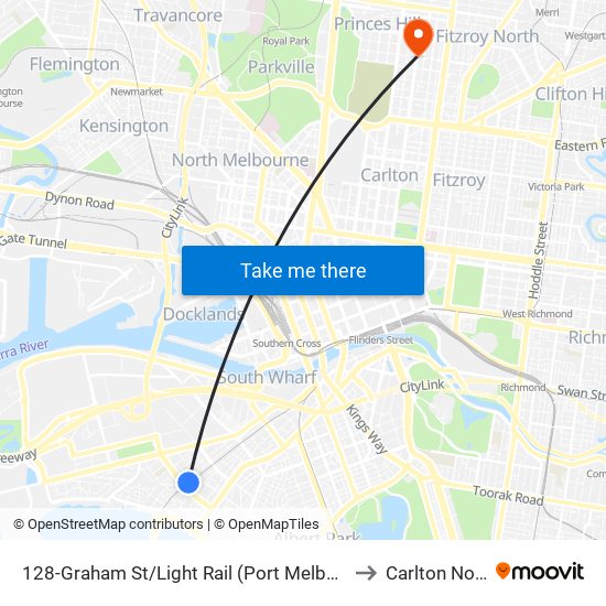 128-Graham St/Light Rail (Port Melbourne) to Carlton North map