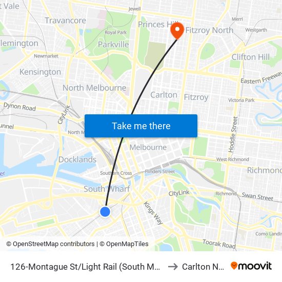 126-Montague St/Light Rail (South Melbourne) to Carlton North map