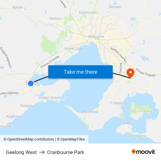 Geelong West to Cranbourne Park map