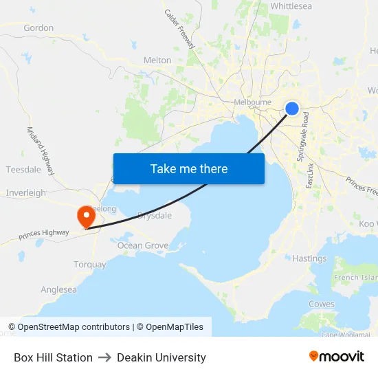 Box Hill Station to Deakin University map