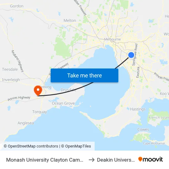 Monash University Clayton Campus to Deakin University map