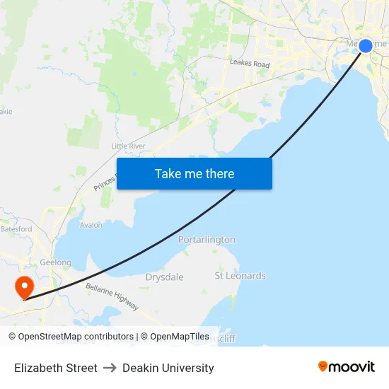 Elizabeth Street to Deakin University map