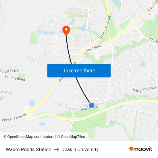 Waurn Ponds Station to Deakin University map