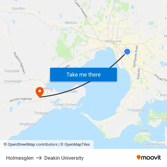 Holmesglen to Deakin University map