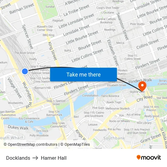 Docklands to Hamer Hall map