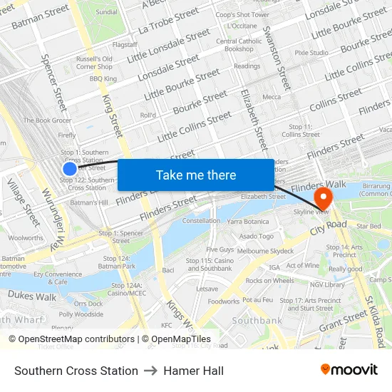 Southern Cross Station to Hamer Hall map