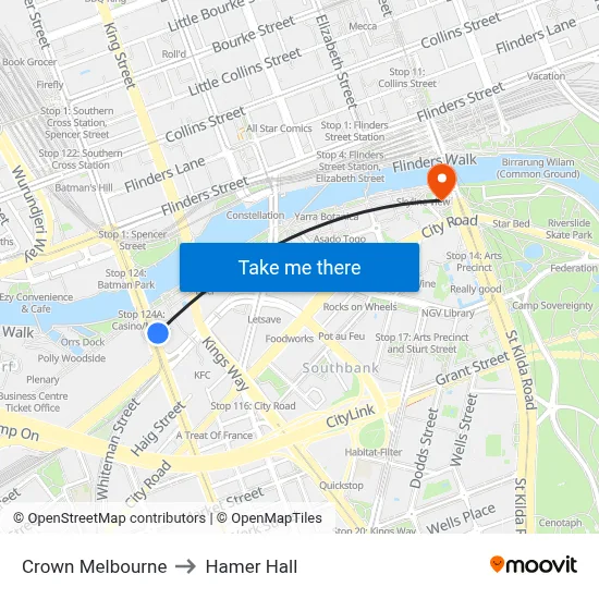 Crown Melbourne to Hamer Hall map