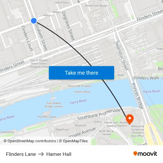Flinders Lane to Hamer Hall map