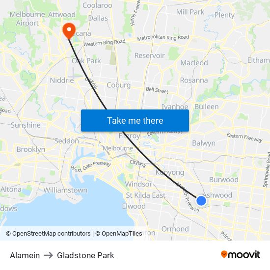 Alamein to Gladstone Park map