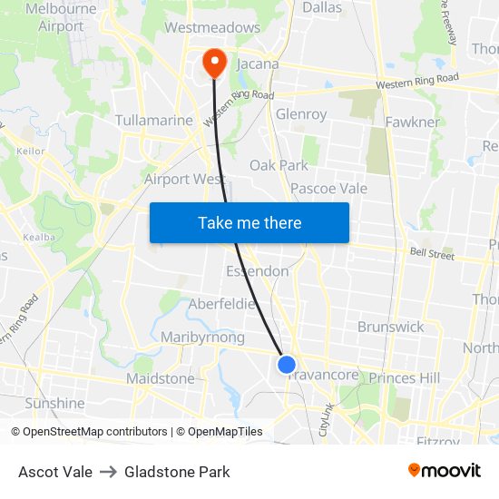 Ascot Vale to Gladstone Park map