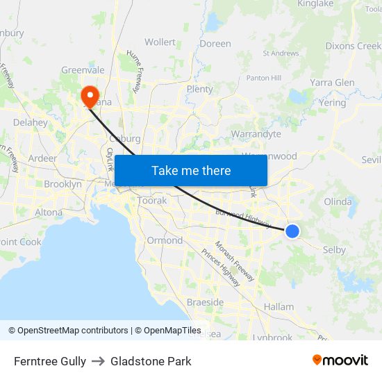 Ferntree Gully to Gladstone Park map