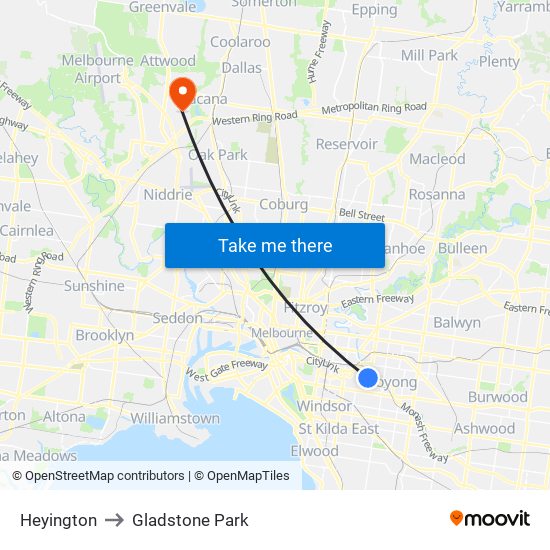 Heyington to Gladstone Park map