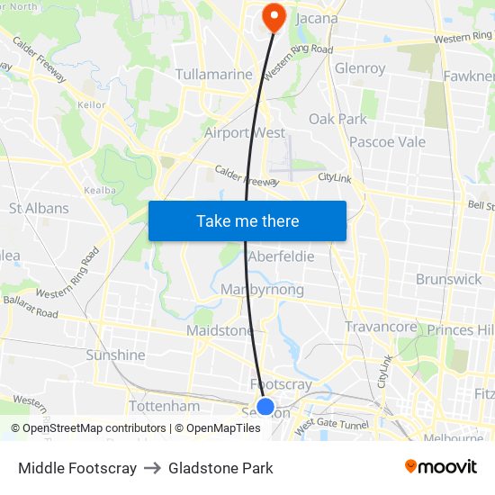 Middle Footscray to Gladstone Park map