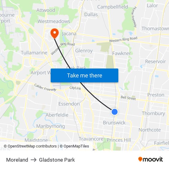 Moreland to Gladstone Park map