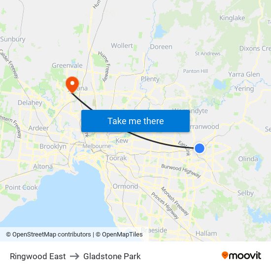 Ringwood East to Gladstone Park map