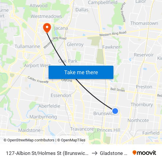 127-Albion St/Holmes St (Brunswick East) to Gladstone Park map