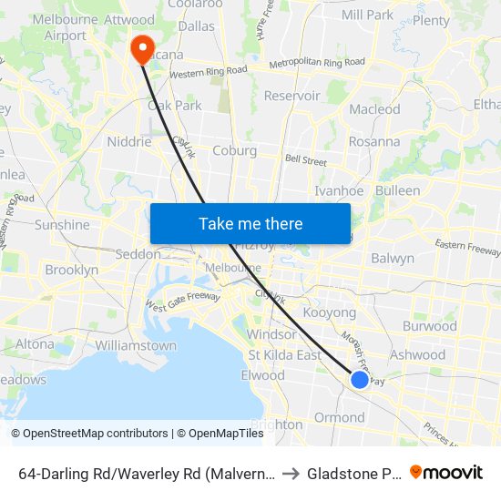 64-Darling Rd/Waverley Rd (Malvern East) to Gladstone Park map