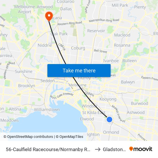 56-Caulfield Racecourse/Normanby Rd (Caulfield North) to Gladstone Park map