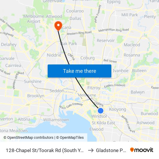 128-Chapel St/Toorak Rd (South Yarra) to Gladstone Park map