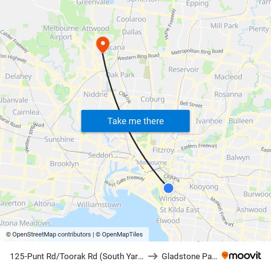 125-Punt Rd/Toorak Rd (South Yarra) to Gladstone Park map