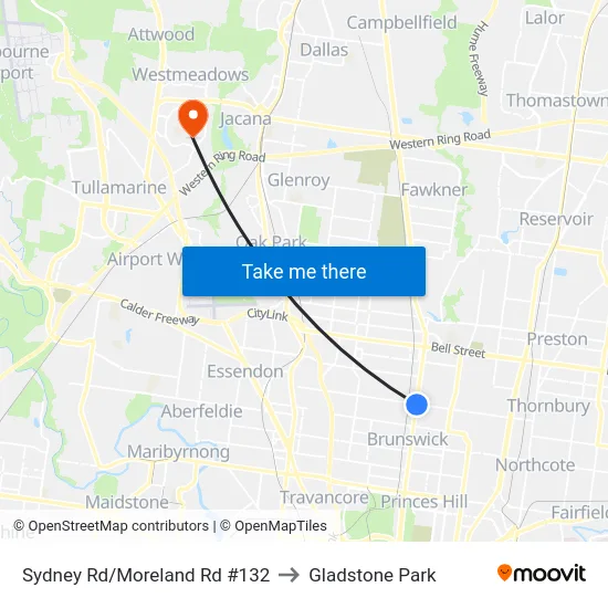 Sydney Rd/Moreland Rd #132 to Gladstone Park map