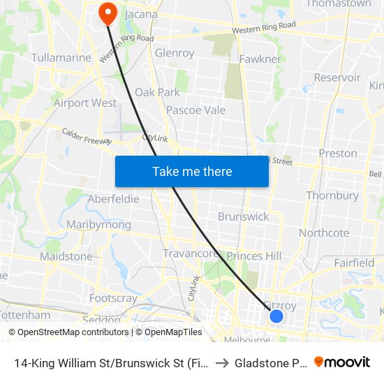 14-King William St/Brunswick St (Fitzroy) to Gladstone Park map