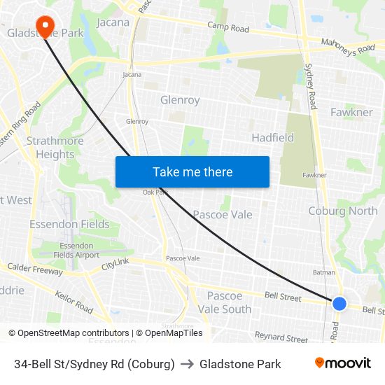 34-Bell St/Sydney Rd (Coburg) to Gladstone Park map