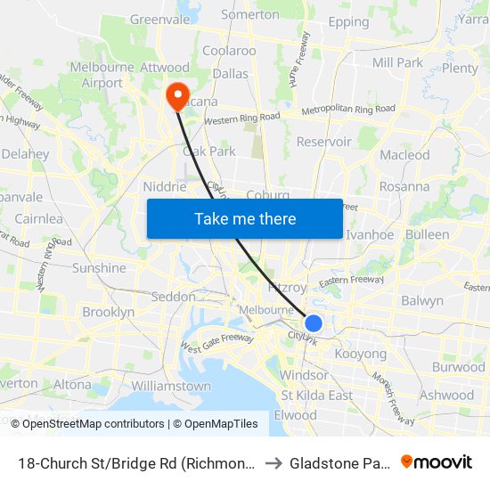 18-Church St/Bridge Rd (Richmond) to Gladstone Park map