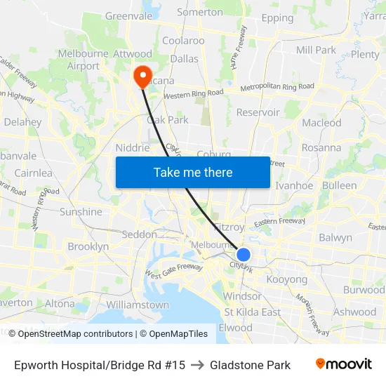 Epworth Hospital/Bridge Rd #15 to Gladstone Park map