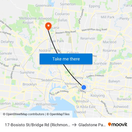 17-Bosisto St/Bridge Rd (Richmond) to Gladstone Park map