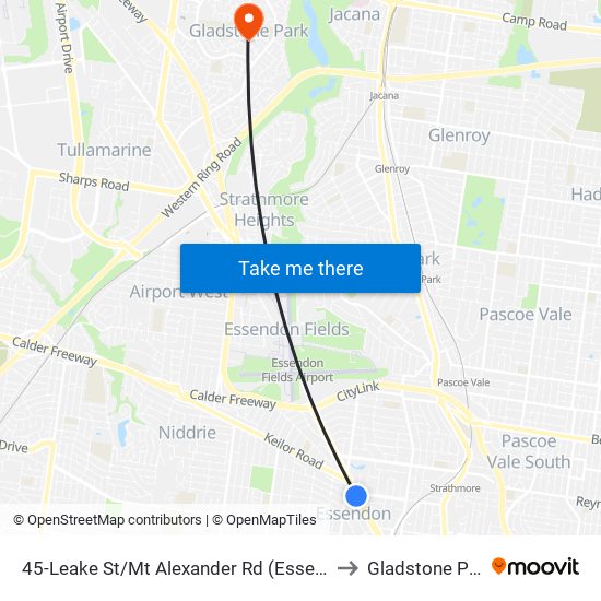 45-Leake St/Mt Alexander Rd (Essendon) to Gladstone Park map