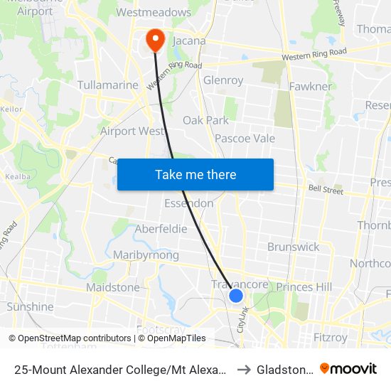 25-Mount Alexander College/Mt Alexander Rd (Travancore) to Gladstone Park map