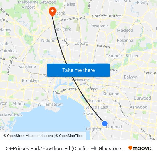 59-Princes Park/Hawthorn Rd (Caulfield South) to Gladstone Park map