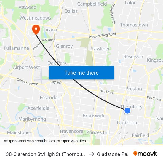 38-Clarendon St/High St (Thornbury) to Gladstone Park map