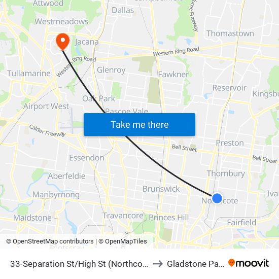 33-Separation St/High St (Northcote) to Gladstone Park map