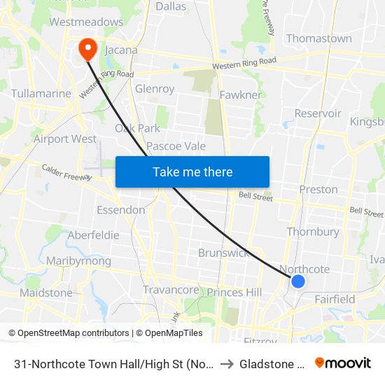 31-Northcote Town Hall/High St (Northcote) to Gladstone Park map