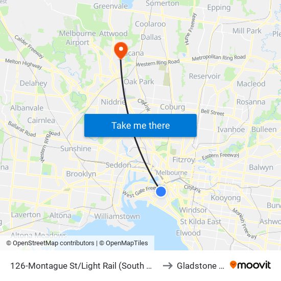126-Montague St/Light Rail (South Melbourne) to Gladstone Park map