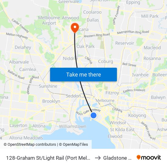 128-Graham St/Light Rail (Port Melbourne) to Gladstone Park map