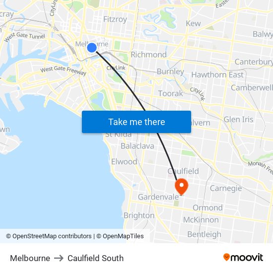 Melbourne to Caulfield South map
