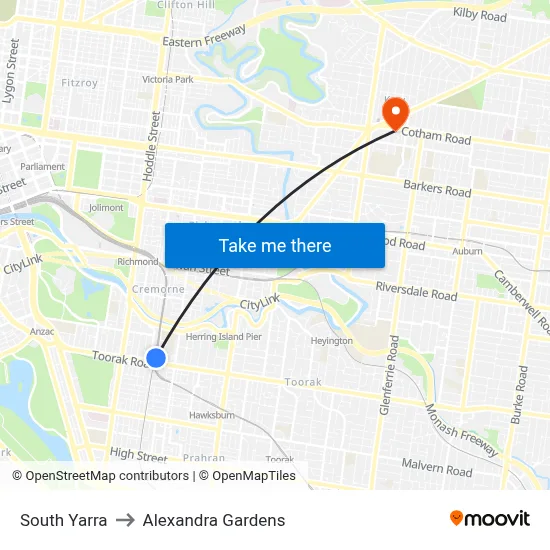 South Yarra to Alexandra Gardens map