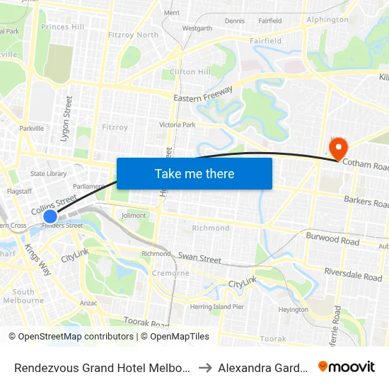 Rendezvous Grand Hotel Melbourne to Alexandra Gardens map