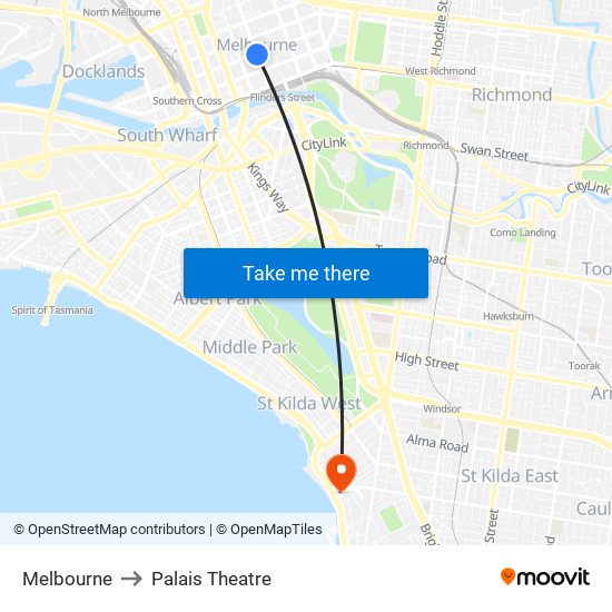 Melbourne to Palais Theatre map